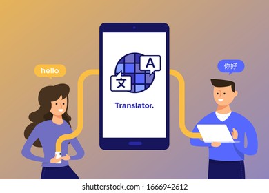 Ilustraciones lenguaje concepto de diseño plano traducen. Personas trabajando en aplicaciones de traducción de iconos. Vector ilustrado.