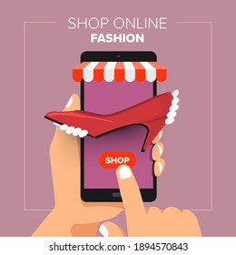 Illustrations flat design concept mobile shop online store. Hand hold mobile sale fashion shopping. Vector illustrate.