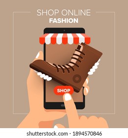 Illustrations flat design concept mobile shop online store. Hand hold mobile sale fashion shopping. Vector illustrate.