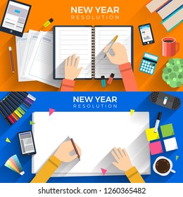 Illustrations flat design concept new year resolutions via set goal with write on paper for mission success. Vector illustrate.