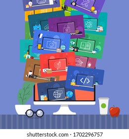 Illustrations flat design concept online education. E-learning course study form home. Vector illustrate.
