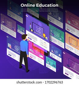 Illustrations flat design concept online education. E-learning course study form home. Vector illustrate.