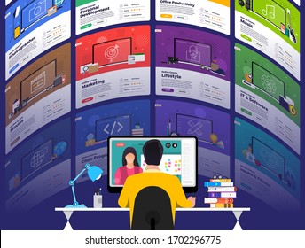 Illustrations flat design concept online education. E-learning course study form home. Vector illustrate.