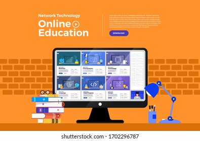 Illustrations flat design concept online education. E-learning course study form home. Vector illustrate.