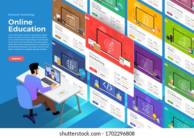 Illustrations flat design concept online education. E-learning course study form home. Vector illustrate.