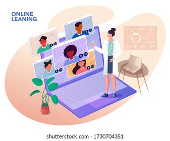 Illustrations flat design concept online education, video conferences, 
work from home, online meeting.