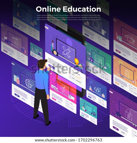 Illustrations flat design concept online education. E-learning course study form home. Vector illustrate.