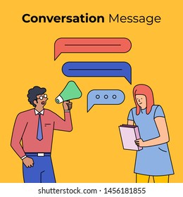 Illustrations flat design concept people talking. Conversation message like chat box bubble. Vector illustrate style solid color and stroke.