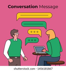 Illustrations flat design concept people talking. Conversation message like chat box bubble. Vector illustrate style solid color and stroke.
