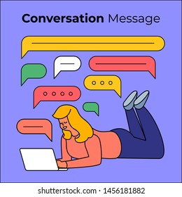 Illustrations flat design concept people talking. Conversation message like chat box bubble. Vector illustrate style solid color and stroke.