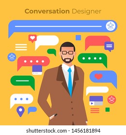 Illustrations flat design concept people conversion designer. The job of creatalk conversion for chatbot artificial intelligence devoice. Vector illustrate style solid color and stroke.