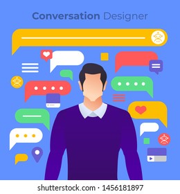 Illustrations flat design concept people conversion designer. The job of creatalk conversion for chatbot artificial intelligence devoice. Vector illustrate style solid color and stroke.