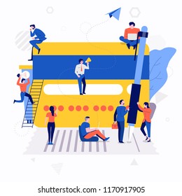 Illustrations flat design concept small people working together create big icon about money payment with credit card. Vector illustrate.