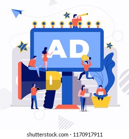 Illustrations flat design concept small people working together create big icon about billboard advertising agency. Vector illustrate.