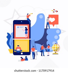 Illustrations flat design concept small people working together create big icon about social engagement. Vector illustrate.