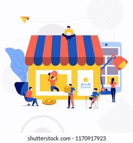 Illustrations flat design concept small people working together create big icon about shopping online store. Vector illustrate.