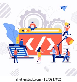 Illustrations flat design concept small people working together create big icon about programmer coding. Vector illustrate.