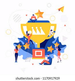 Illustrations flat design concept small people working together create big icon about business success. Vector illustrate. svg