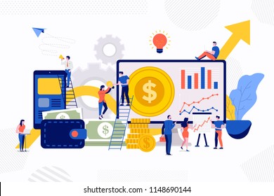 Illustrations flat design concept teamwork small people businessman working together for building success business. Vector illustrate.