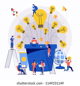 Illustrations flat design concept teamwork small people businessman working together for building success creative idea advertising. Vector illustrate.