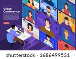 Illustrations flat design concept video conference. online meeting work form home. Vector illustrate.