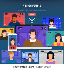 Illustrations flat design concept video conference. online meeting work form home. Vector illustrate.