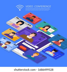 Illustrations flat design concept video conference. online meeting work form home. Vector illustrate.