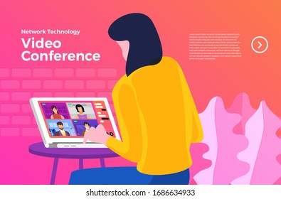 Illustrations flat design concept video conference. online meeting work form home. Vector illustrate.