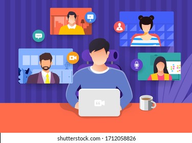 Illustrations flat design concept video conference. online meeting work form home. Vector illustrate.