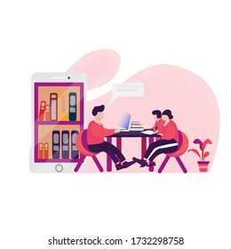 Illustrations flat design concept video conference. online meeting work form home. Vector illustrate.
People talking, group of young man and woman, discussion, cartoon character, businessmen discuss 
