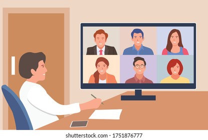 Ilustraciones de videoconferencia concepto de diseño plano. trabajo de reunión en línea desde casa.
