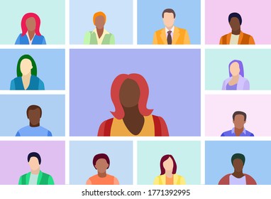 Illustrations flat design concept video conference. Online meeting work form home. Vector illustrate. Video conference landing. People on computer screen taking with colleague. 