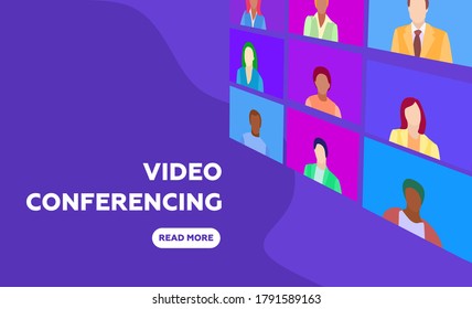 Illustrations flat design concept video conference. online meeting work form home. Home office, web conference with colleagues and friends. Conference video call, quarantine, chat with friends. 