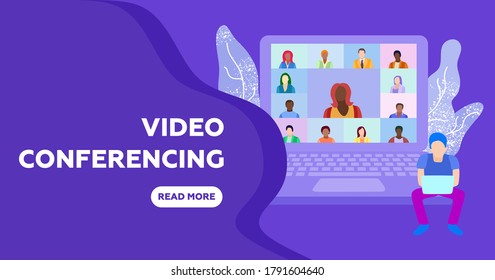 Illustrations flat design concept video conference. online meeting work form home. Home office, web conference with colleagues and friends. Conference video call, quarantine, chat with friends. 