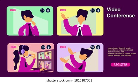 Illustrations flat design concept video conference. Online meeting work form home. Vector illustrate.