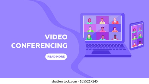 Ilustraciones concepto de diseño plano videoconferencia en portátil y teléfono. trabajo de reunión en línea desde casa. Vector ilustrado.