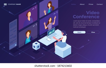 Illustrations flat design concept video conference. online meeting work form home. Vector illustrate. Isometric. 