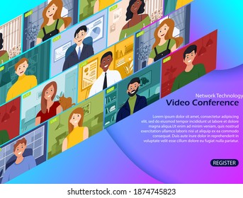 Illustrations flat design concept video conference. online meeting work form home. webinar communication, learning or chatting, 3d vector web banner