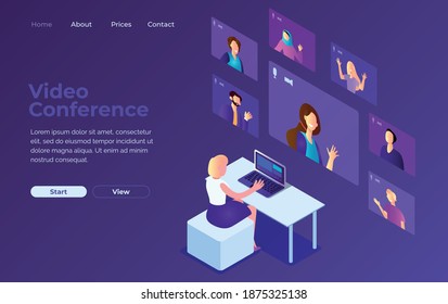 Illustrations Flat Design Concept Video Conference On Laptop. Online Meeting Work From Home. Vector Illustration. Isometric. Dark Background