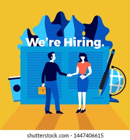 Illustrations flat design concept we're hiring. Announce design finding employee and recruit worker to company. Vector illustrate.