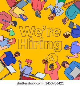 Illustrations flat design concept we're hiring. Announce design finding employee and recruit worker to company. Vector illustrate.