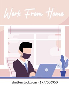 Illustrations flat design concept work from home. man version. online meeting. Vector illustrate.