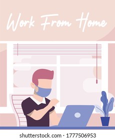 Illustrations flat design concept work from home. man version. online meeting. Vector illustrate.
