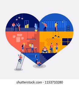 Illustrations flat design concept working space building icon love button. Create by small business people working inside. Vector illustrate.
