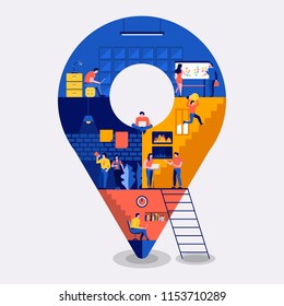 Illustrations flat design concept working space building icons pin location. Create by small business people working inside. Vector illustrate.
