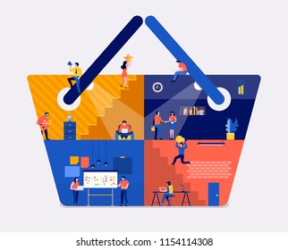 Illustrations flat design concept working space create icon online shopping website. Create by small business people working inside. Vector illustrate.