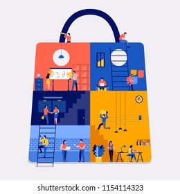 Illustrationen flache Design Konzept Arbeitsraum erstellen Symbol Online-Shopping-Website. Kreieren Sie von kleinen Geschäftsleuten, die im Inneren arbeiten. Vektorgrafik.