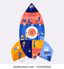 Illustrations flat design concept working space building rocket likestartup company. Create by small business people working inside. Vector illustrate.