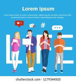Illustrations flat design concept. of young people using mobile gadgets such as laptop, tablet pc and smartphone for social networking and blogging. Likes, shares and comments 