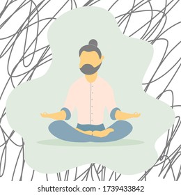 Illustrations flat design of a man sitting with his legs crossed on a floor and meditating. Concept of supporting developmental health and brain development, mindfulness practice at home.
